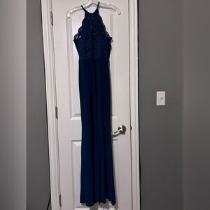 Morgan & Co Blue Sequin Halter Gown Prom Formal Dress Y2K Glam Size 3
